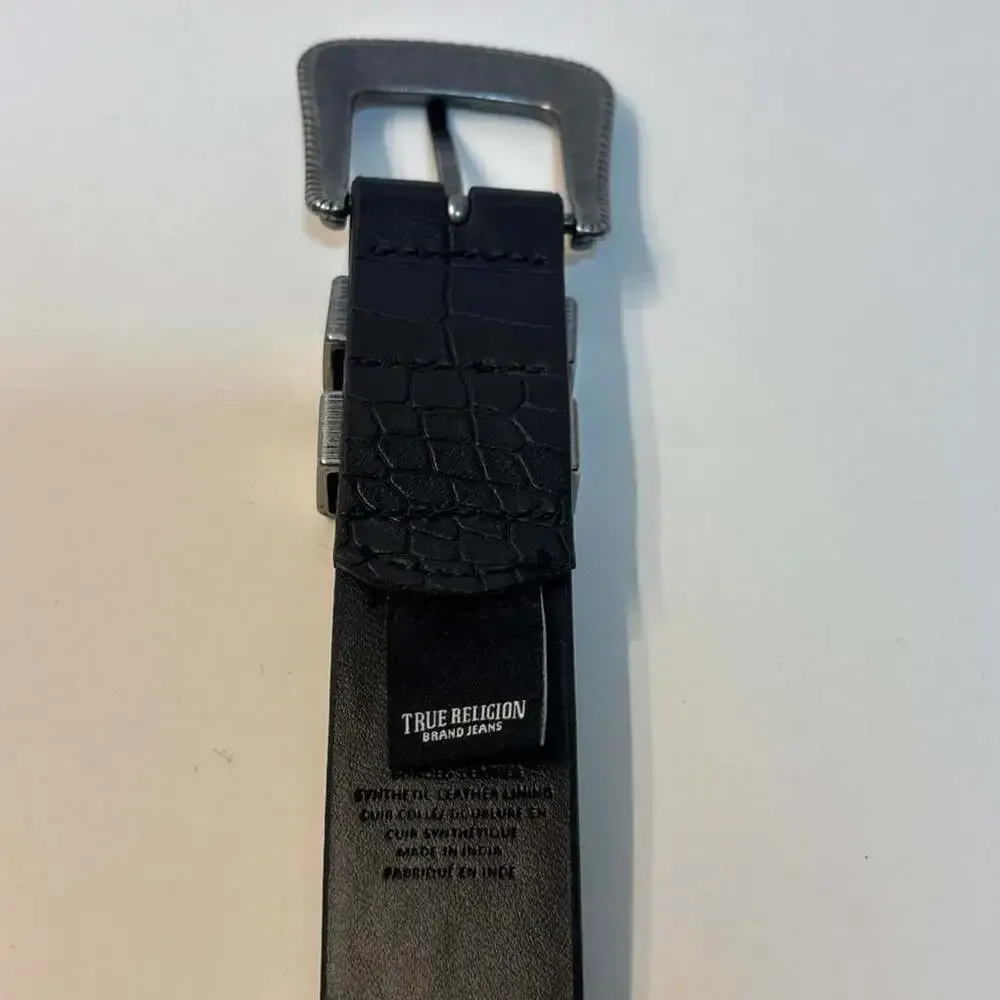 True Religion Mens Black Crocodile Embossed Western Belt